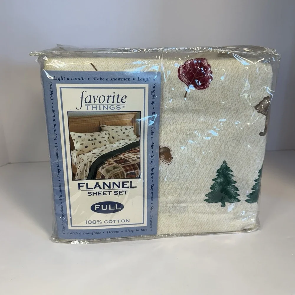 Vtg 4 Pc Full Flannel Sheet Set 100% Cotton Bears Lodge Cabin Tree Forest Nature